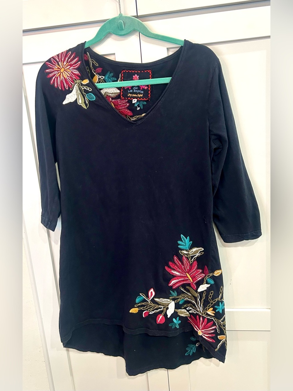 JW Embroidered Black V-Neck Tunic Hi-lo dress with Floral Accents